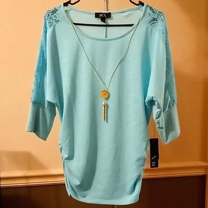 Light Blue Blouse With Mesh Sleeves